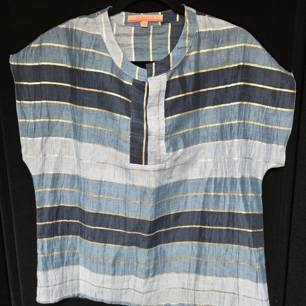 Vilagallo Striped Blue Metallic Linen Blend Shirt Size 42 Womens Madrid